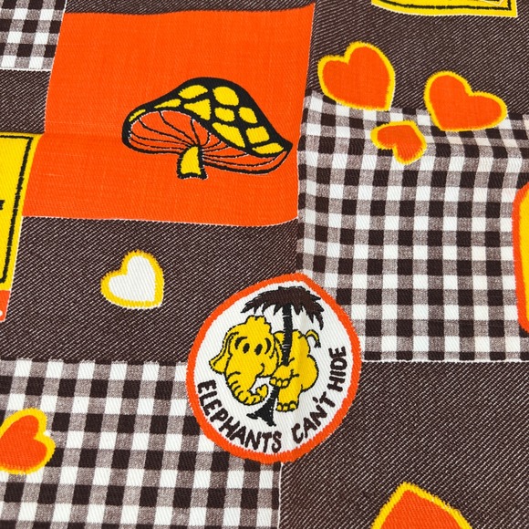 Vintage 70s Fabric Smiley Face LoVE The Red Baron Gingham Patchwork‎ Mushrooms - Picture 2 of 5